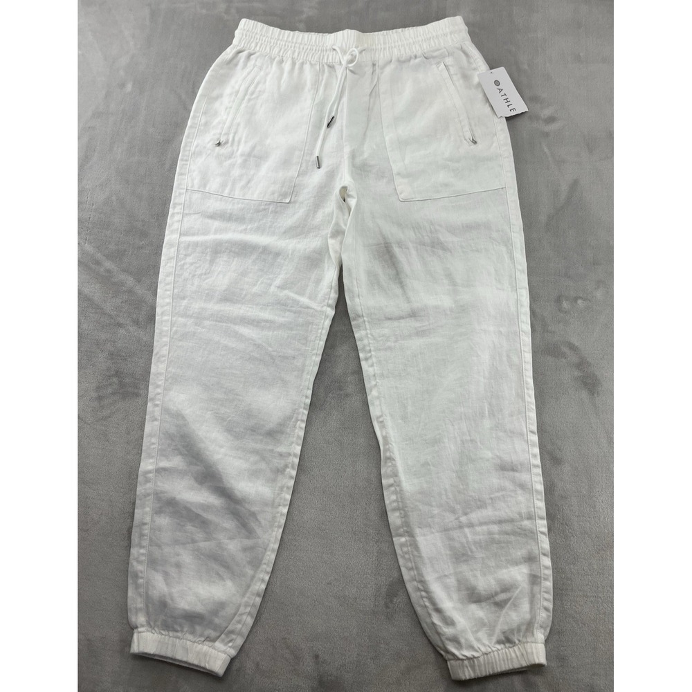 Athleta Retreat Linen Jogger Pants Women 12 White Elastic Waist Breathable City